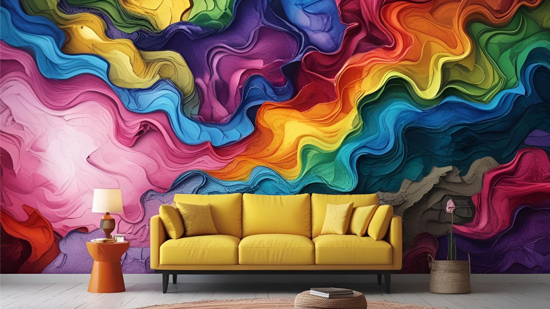 Vibrant Living Room Interior with Sofa – Sri Krishnaa Traders Colorful interior living room with stylish sofa and wall decor